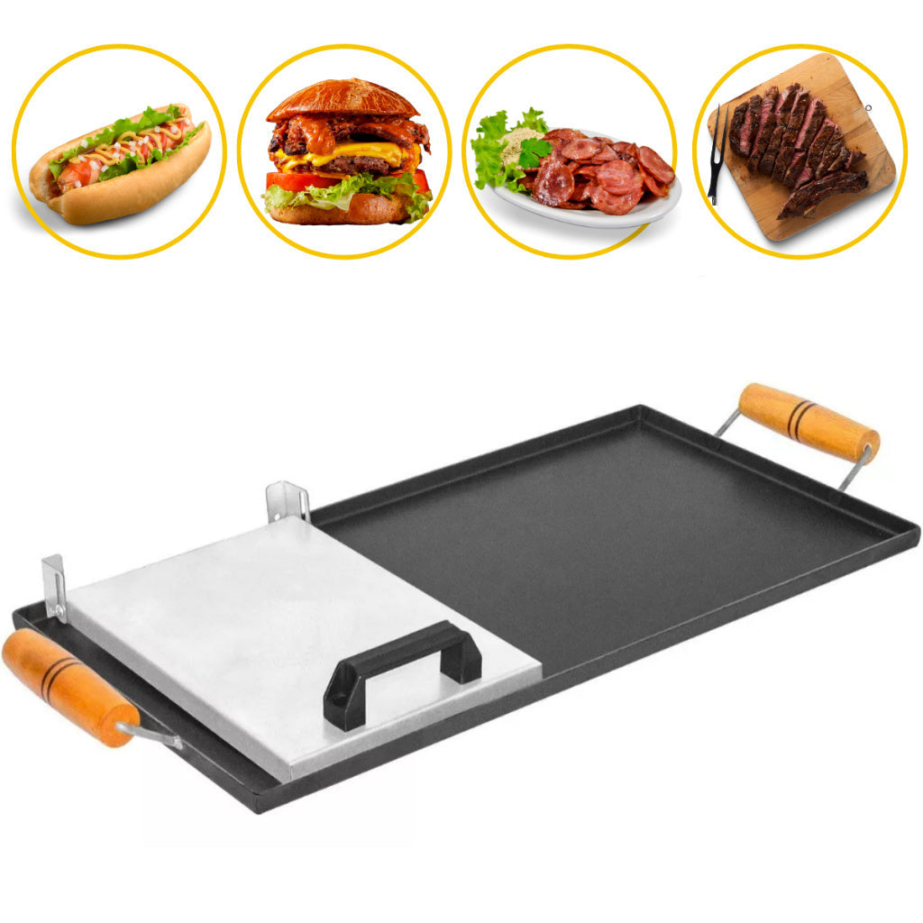 Chapa de Hambúrguer para Fogão com Cabo de Madeira + Prensa de Brinde